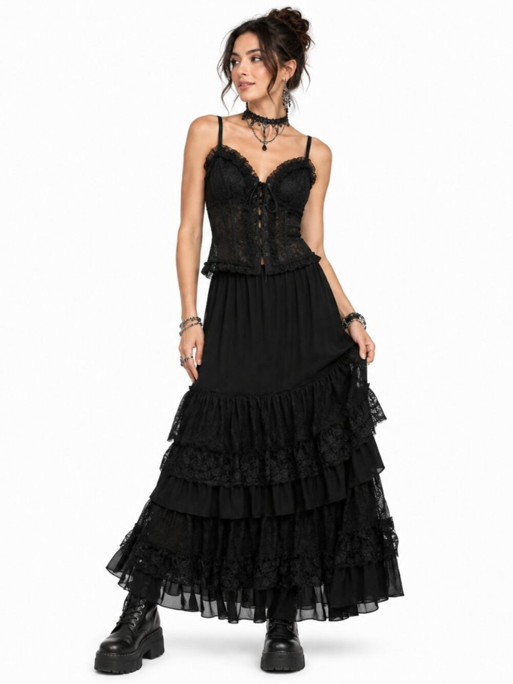 Victorian House Lace Maxi Skirt Black Tiered Whimsygoth Boho Romantic M